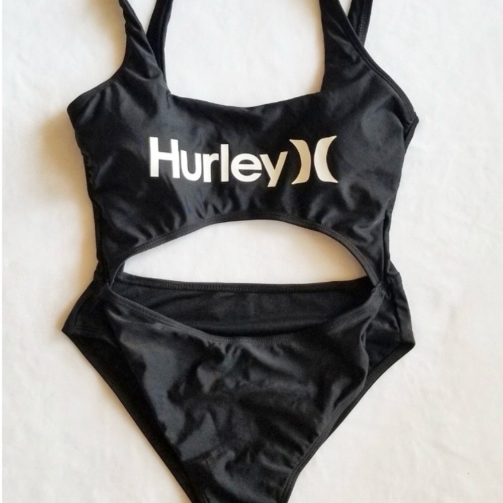 Hurley Black One-Piece Swimsuit with White Logo Cutout